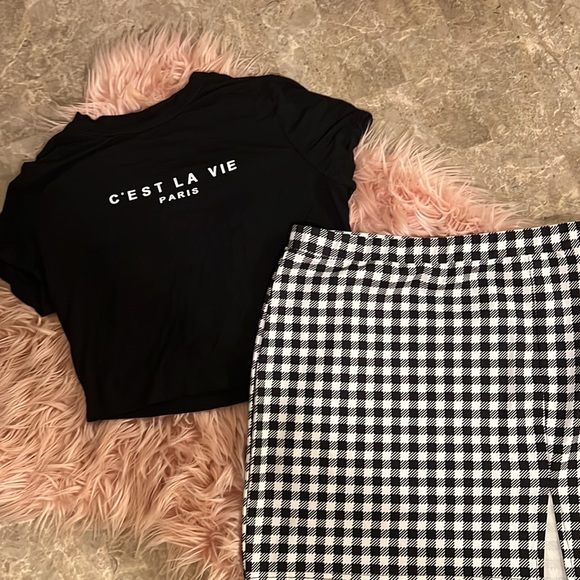 SHEIN Slogan Graphic Top & Split Hem Gingham Skirt Set - L - Picture 2 of 4